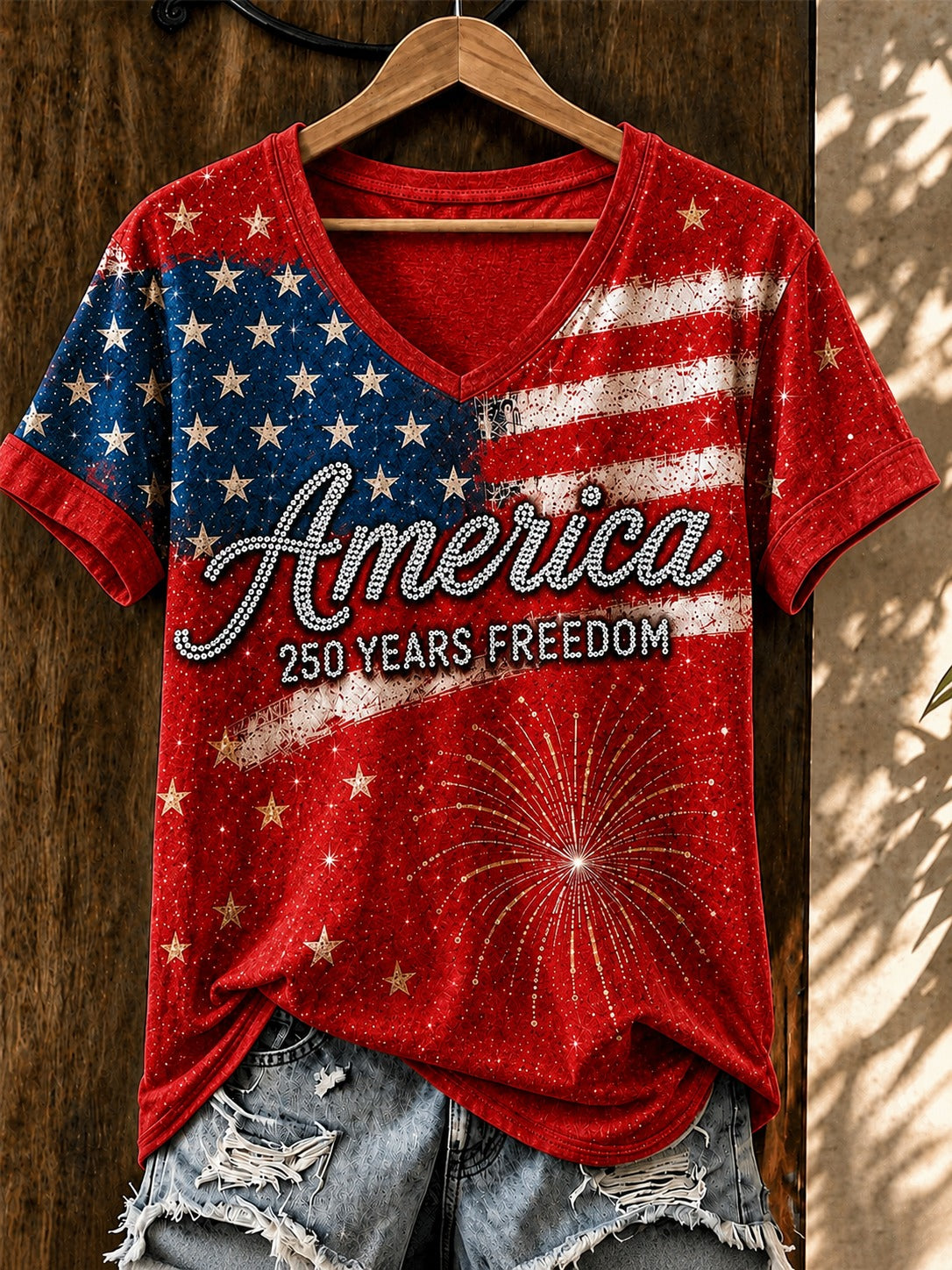 America 250 Celebration Stars Faded Glag V-neck Shirt, 4th Of July Shirt, Patriotic Womens Tee