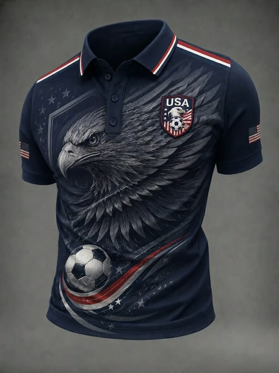 Patriotic Bald Eagle Soccer Polo Shirt, USA Soccer Team Jersey, World Cup 2026 Shirt