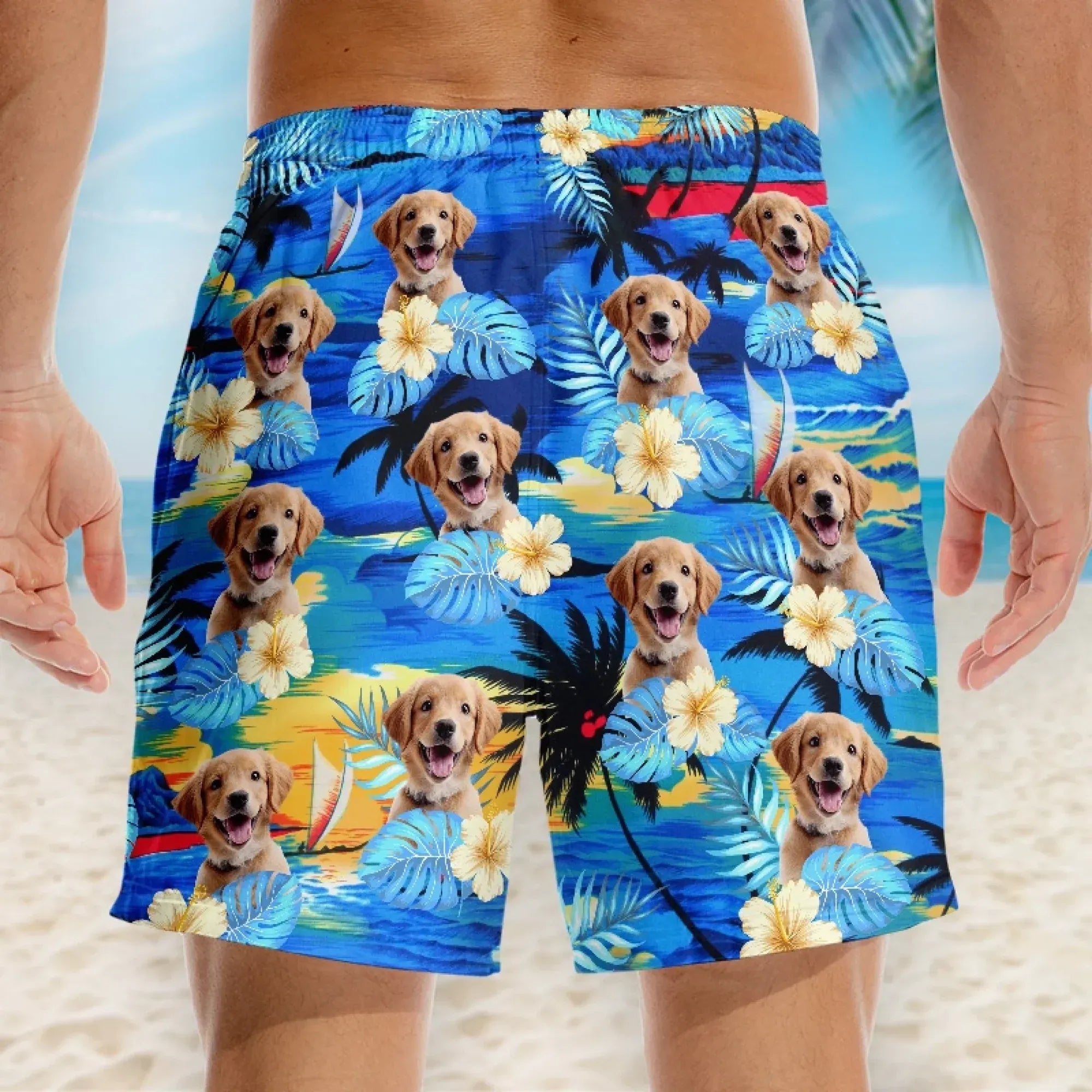 Custom Pet Face Hawaiian Beach Shorts, Funny Dog Dad Gift, Hawaiian Short For Men