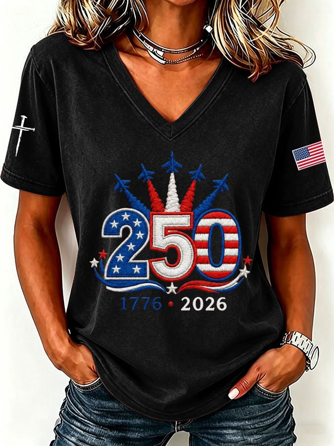 America 250 Fireworks Patriotic V-Neck Shirt, Fourth Of July Shirt, USA Flag Shirt