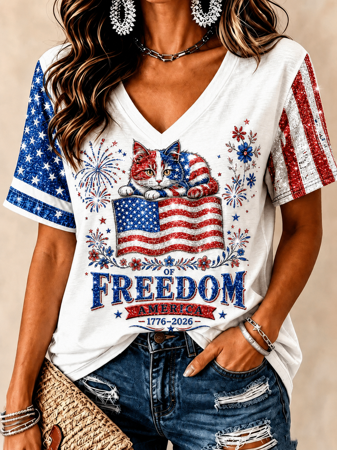 Patriotic Cat And American Flag V Neck Shirt, Women’s American Flag Shirt, Graphic Tees For Women