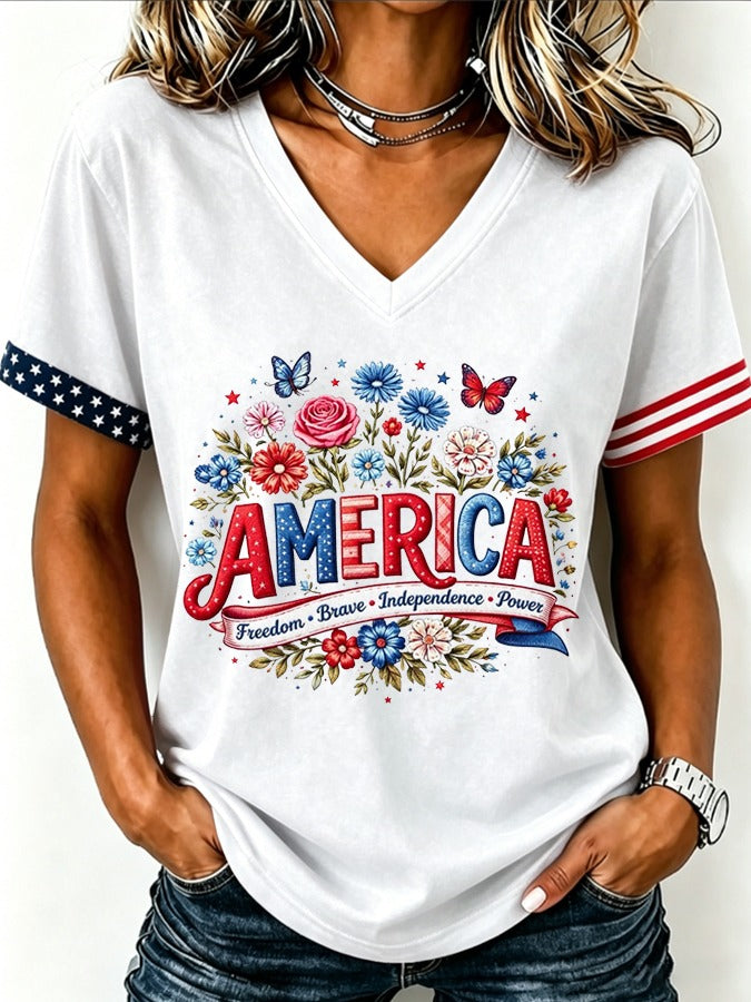 America Freedom Brave Independence V-neck Shirt, 4th Of July Shirt, Patriotic Womens Tee