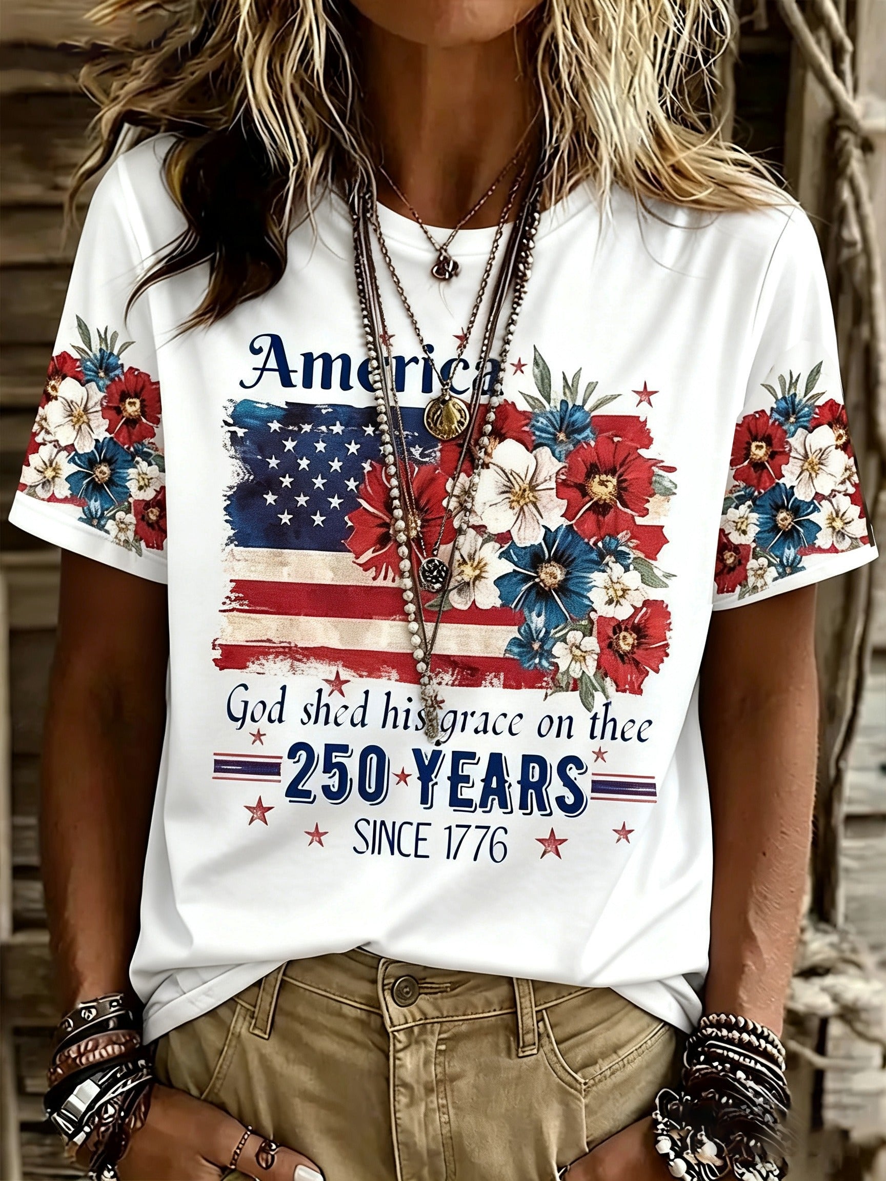 Women's Vintage USA Flag Print Shirt, 4th Of July Shirt, Patriotic Womens Tee