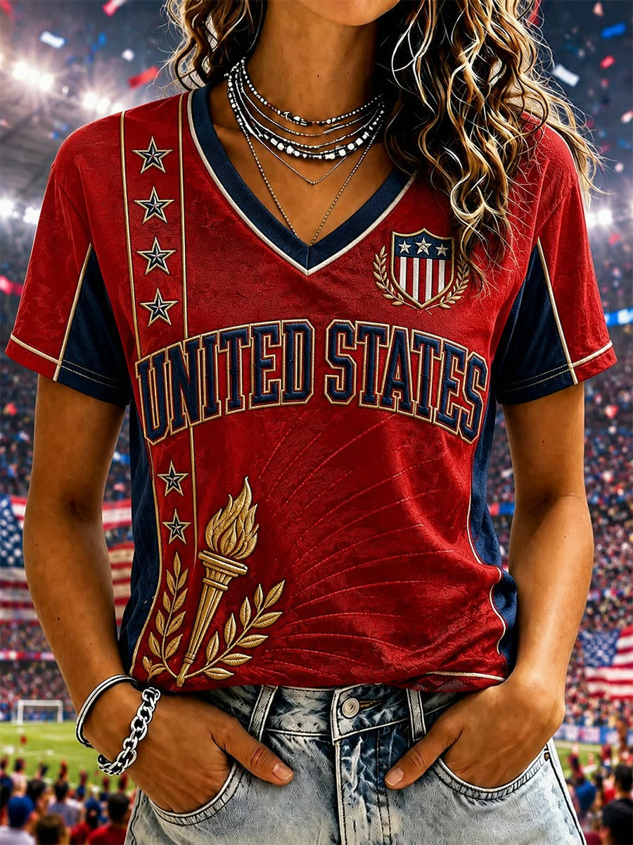 Women's United States Torch Graphic Shirt, Patriotic Soccer Fan Tee, USA Sports Shirt