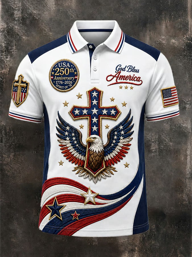 Christian Patriotic Polo Shirt, God Bless America Eagle Cross Design, USA 250 Years Shirt