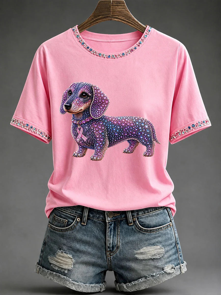 Sparkly Dachshund Warrior Survivor T-Shirt, Pink Ribbon Breast Cancer Awareness Shirt