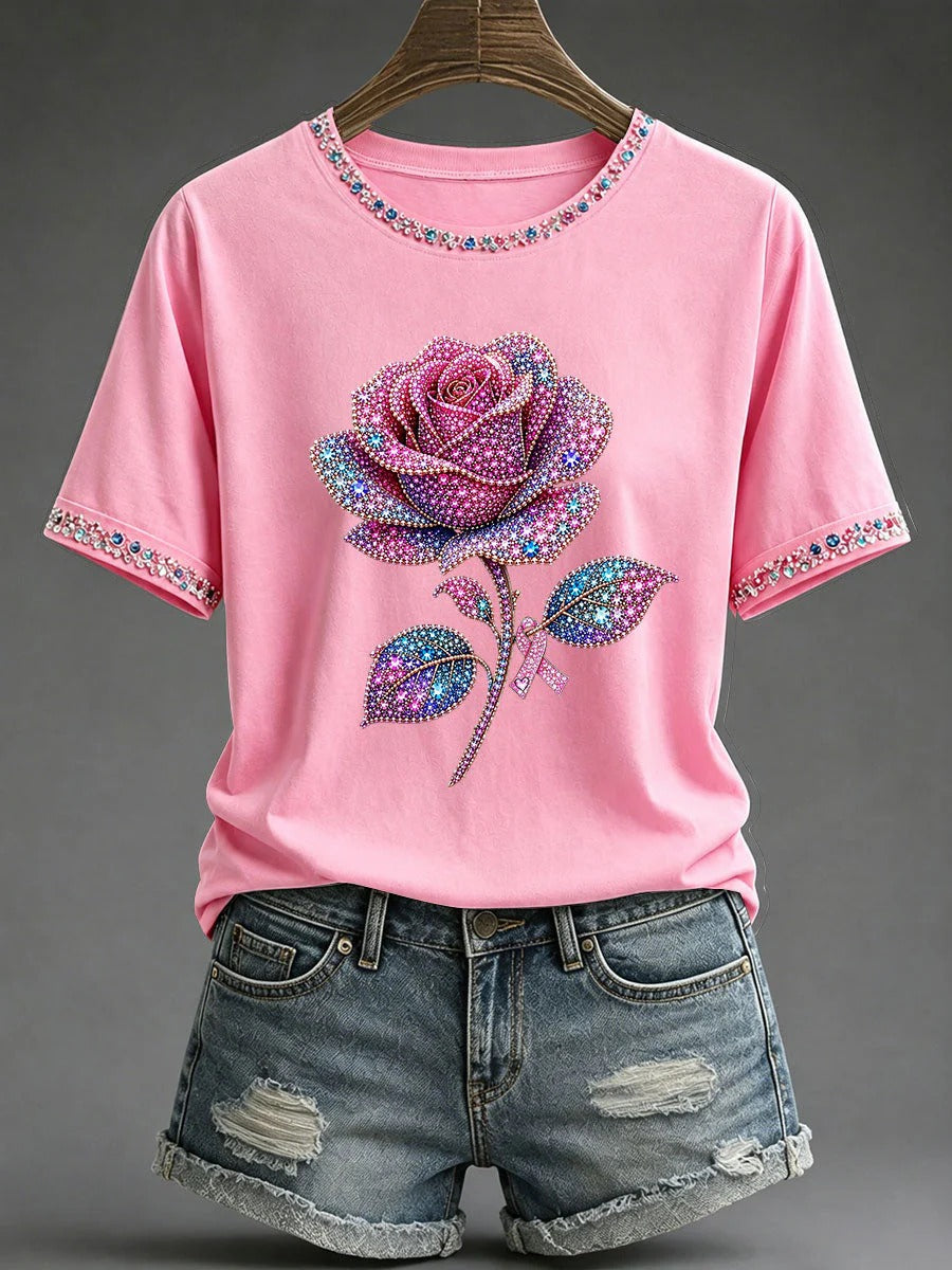 Sparkling Rhinestone Rose Survivor T-Shirt, Pink Ribbon Breast Cancer Awareness Shirt