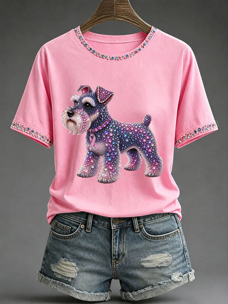 Rhinestone Schnauzer Cancer Survivor T-Shirt, Pink Ribbon Breast Cancer Awareness Shirt