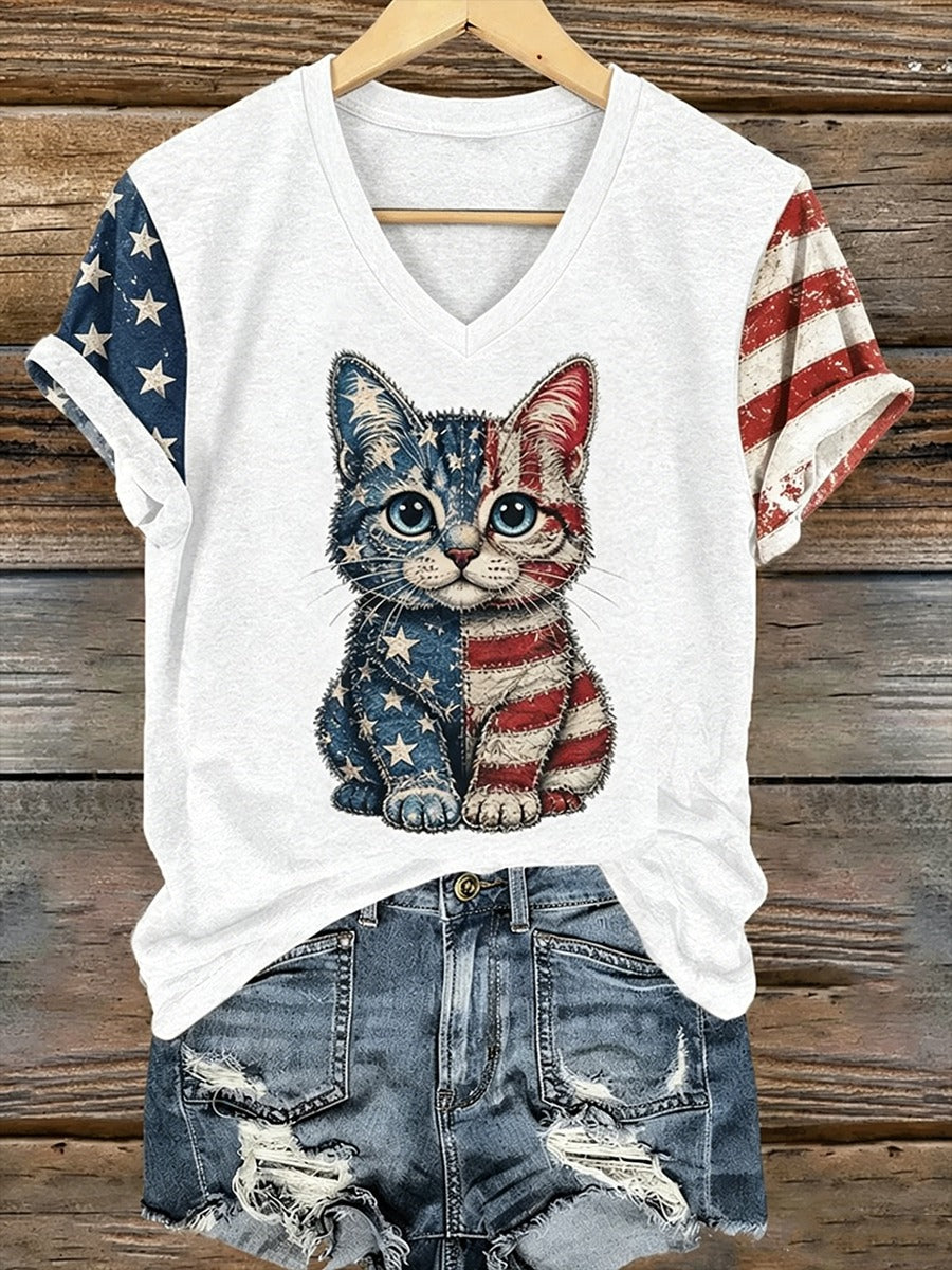 250Th Anniversary Cute Cat V-neck Shirt, 4th Of July Shirt, Patriotic Womens Tee