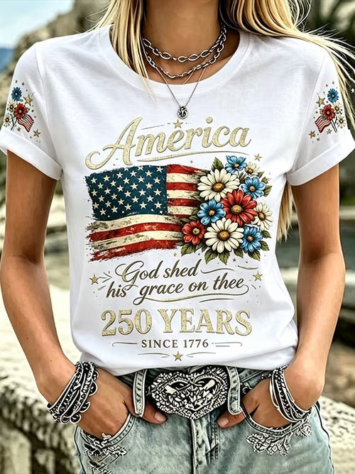 America 250 Years Flower White 1776–2026 USA Shirt, 4th Of July Shirt, Patriotic Womens Tee