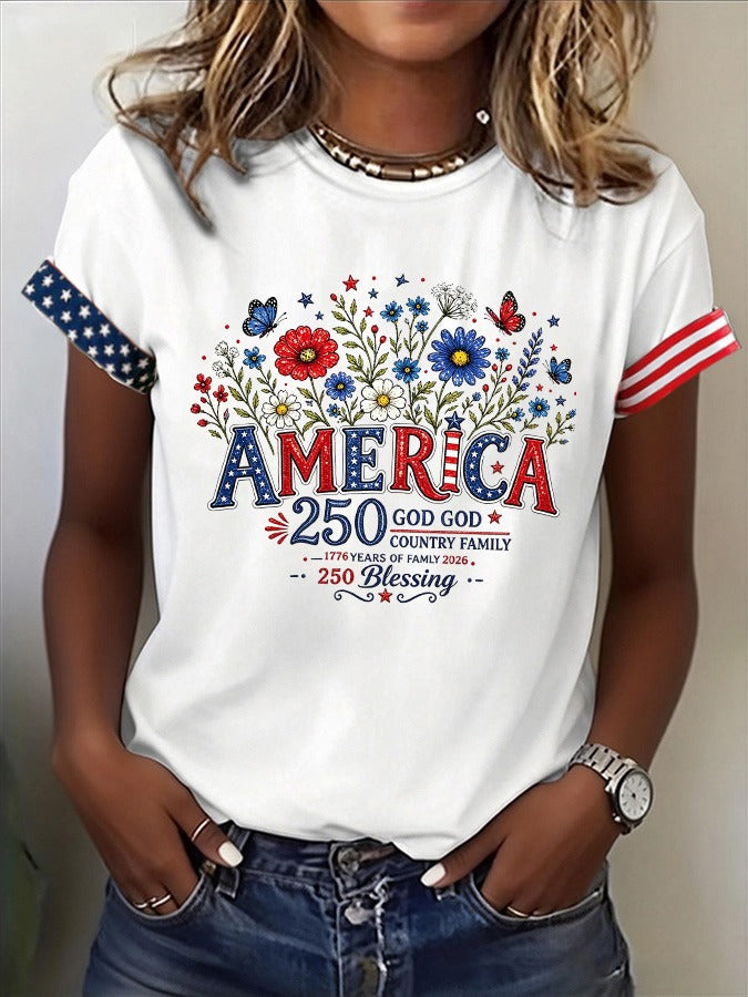 American Flag 250 Years Flower 1776–2026 USA Shirt, 4th Of July Shirt, Patriotic Womens Tee