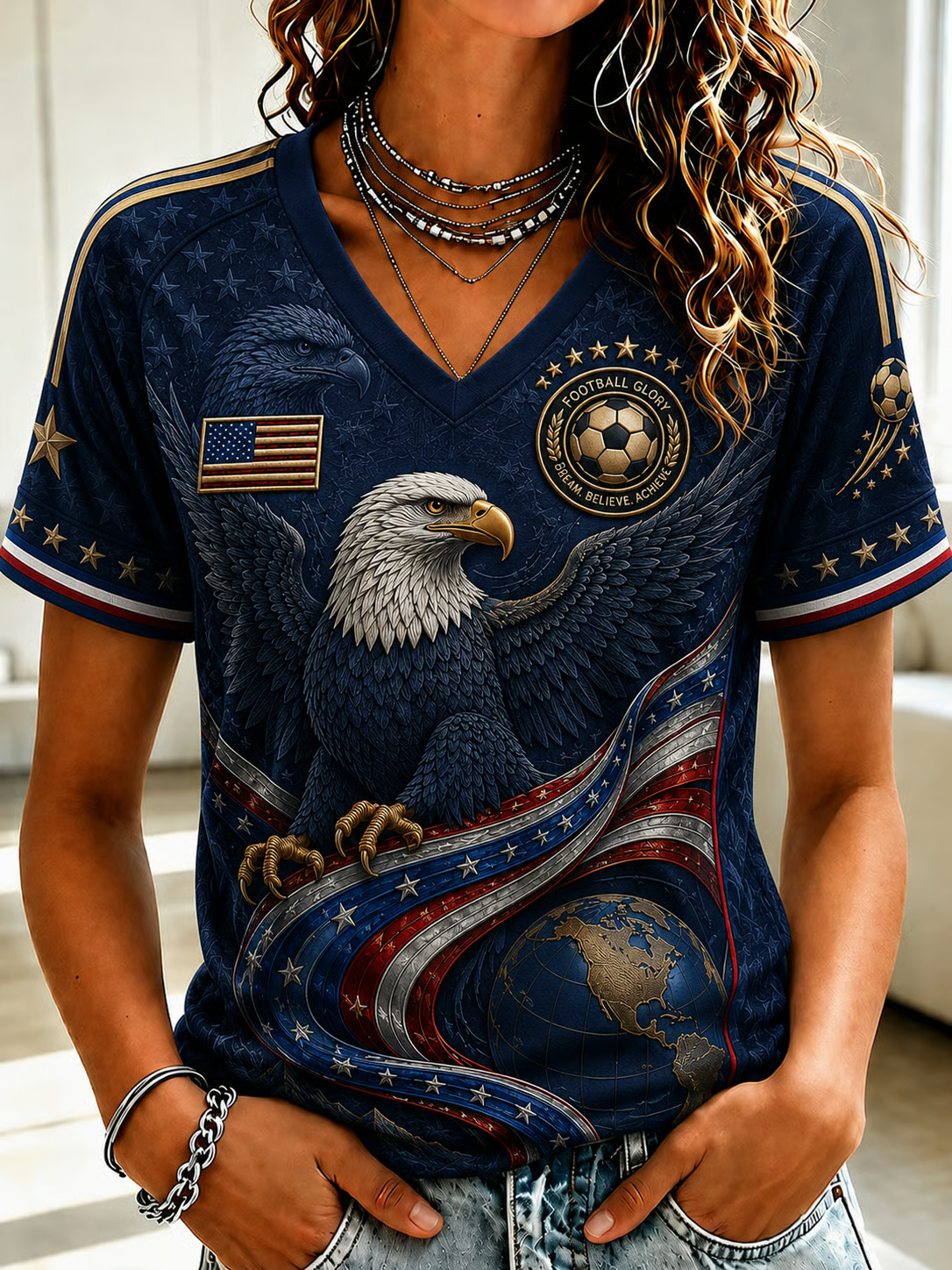 Women's USA Eagle Flag Graphic Shirt, Soccer Inspired Shirt, Patriotic Tee