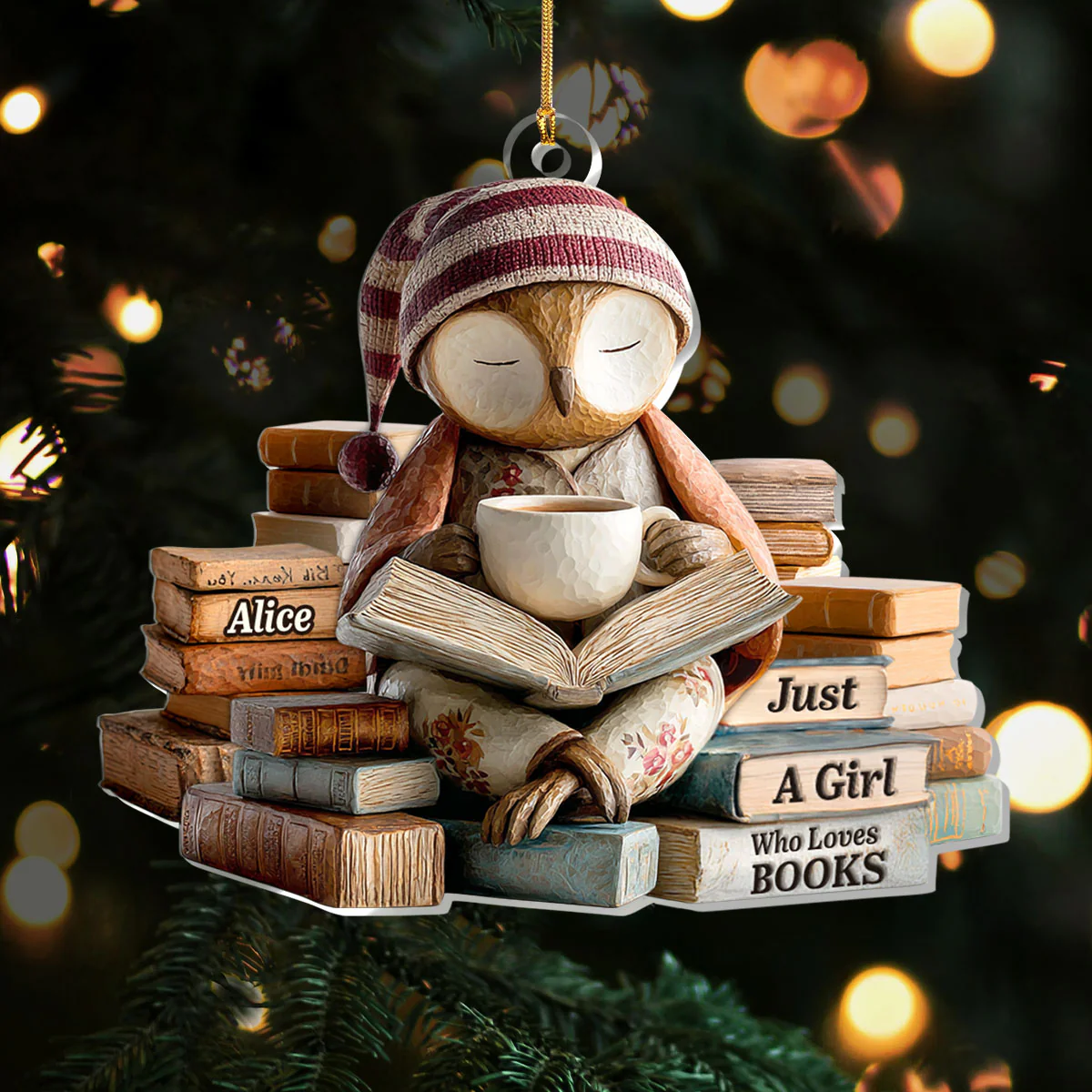 Sleepy Owl Acrylic Ornament, Custom Name Gifts For Readers, Reading Theme Xmas Decor, Christmas Gift For Her