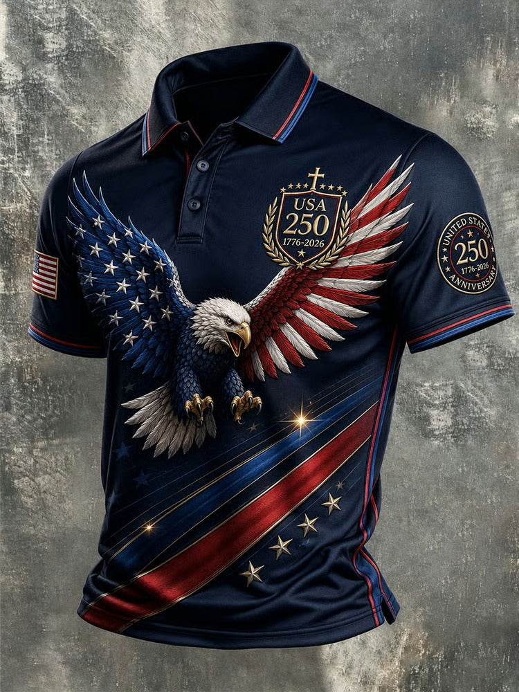 Majestic Eagle USA 250 Men's Polo Shirt, Patriotic Flag Wings Design, 4th Of July Shirt