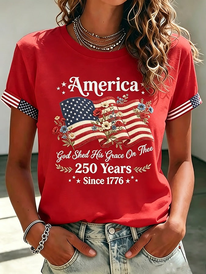USA Flag 250 Years Flower 1776–2026 USA Shirt, 4th Of July Shirt, Patriotic Womens Tee