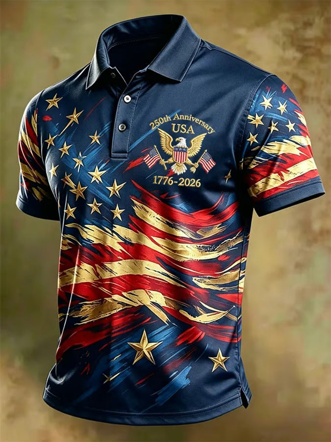 USA 250 Anniversary Polo Shirt, Vintage American Flag Design, Patriotic Polo For Men