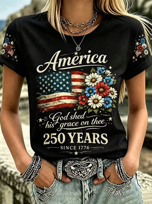 America 250 Years Flower Black 1776–2026 USA Shirt, 4th Of July Shirt, Patriotic Womens Tee