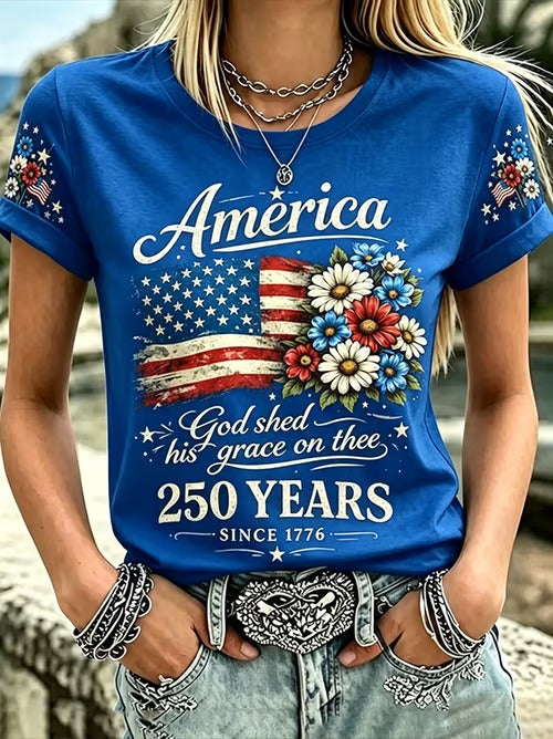 America 250 Years Flower Blue 1776–2026 USA Shirt, 4th Of July Shirt, Patriotic Womens Tee