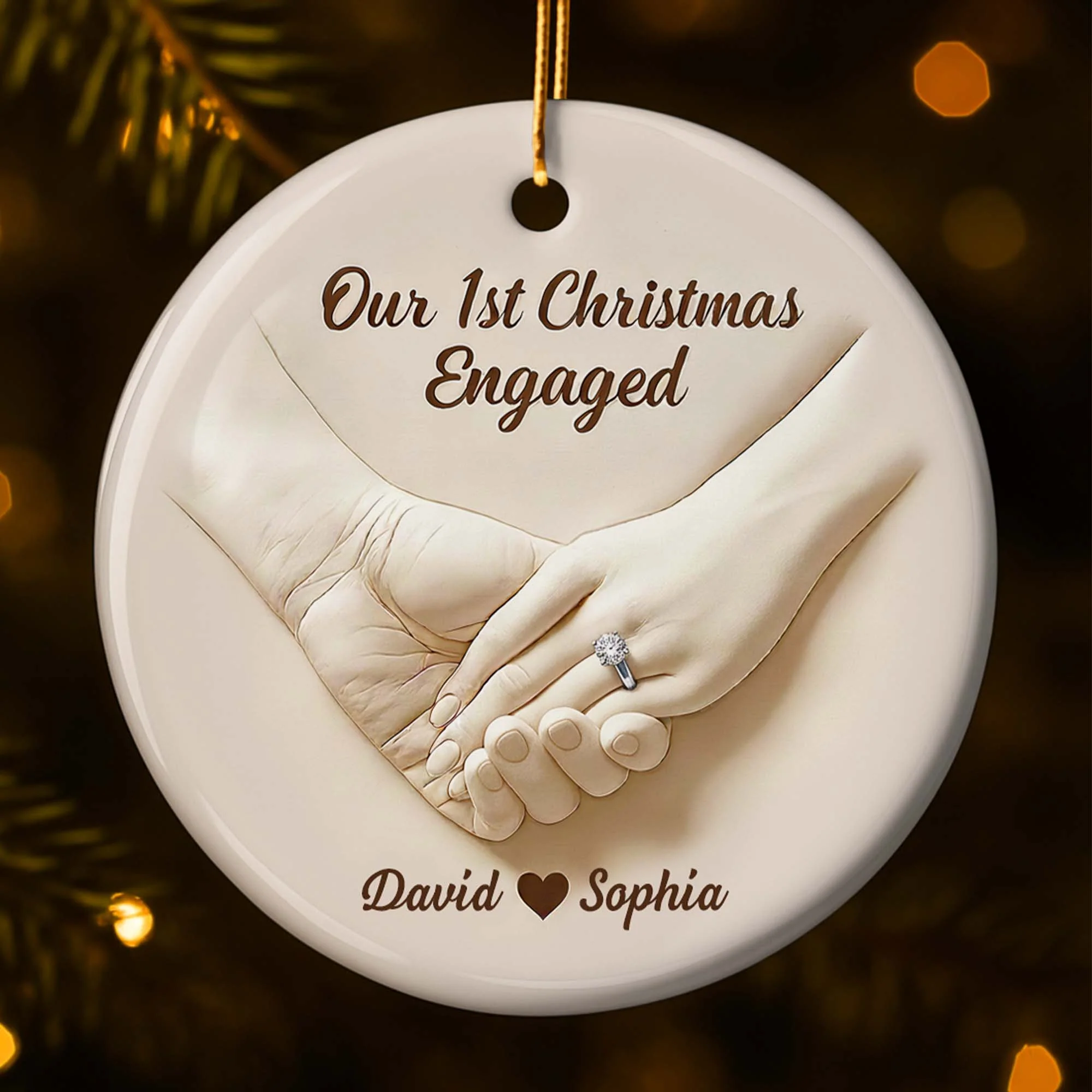 Our 1st Christmas Engaged, Hands With Ring, Custom Ceramic Ornament, Gift For Engaged Couples