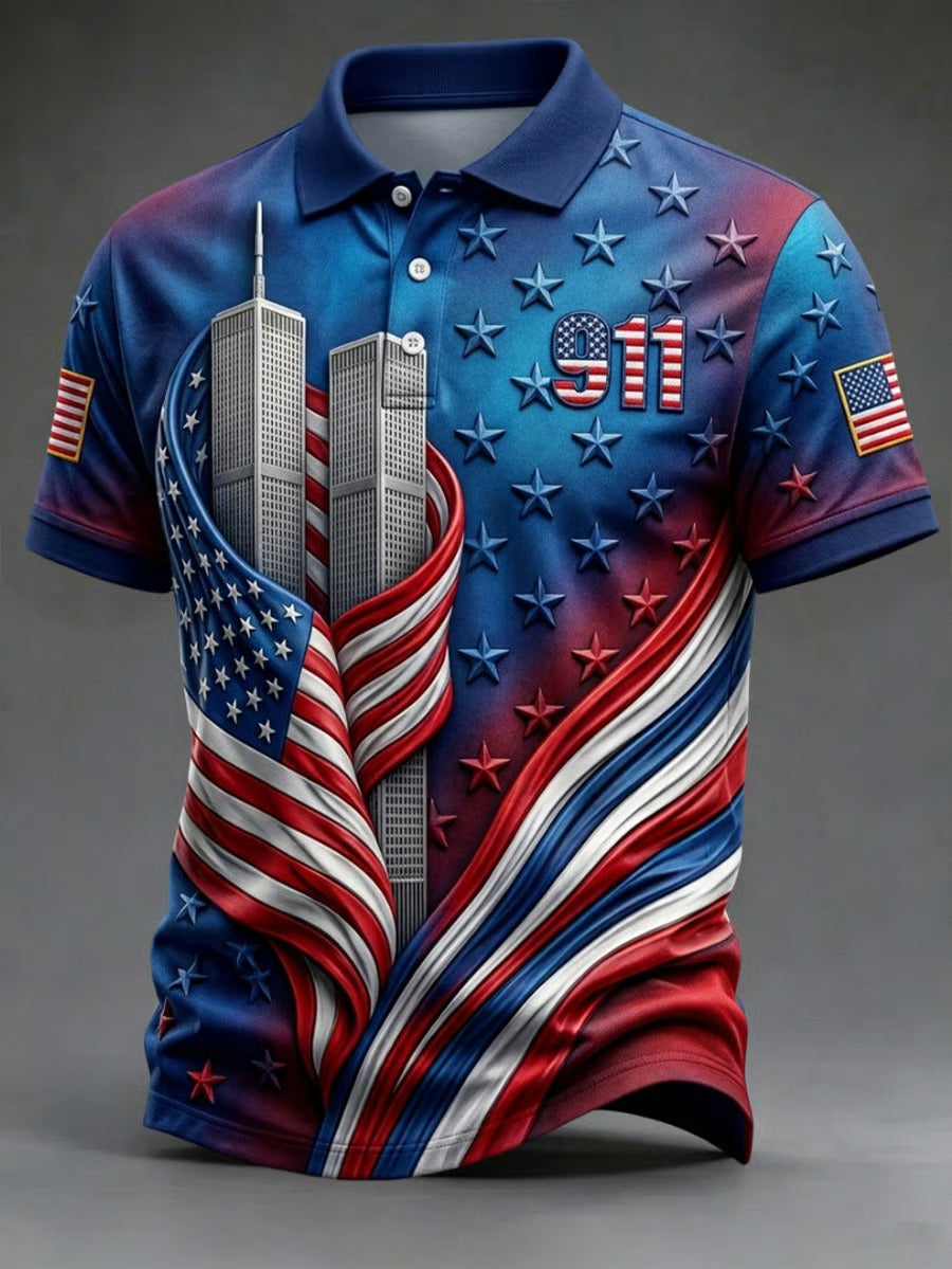 911 Never Forget America Flag Polo, 25th Anniversary Patriot Shirt, Memorial Men's Polo Shirt