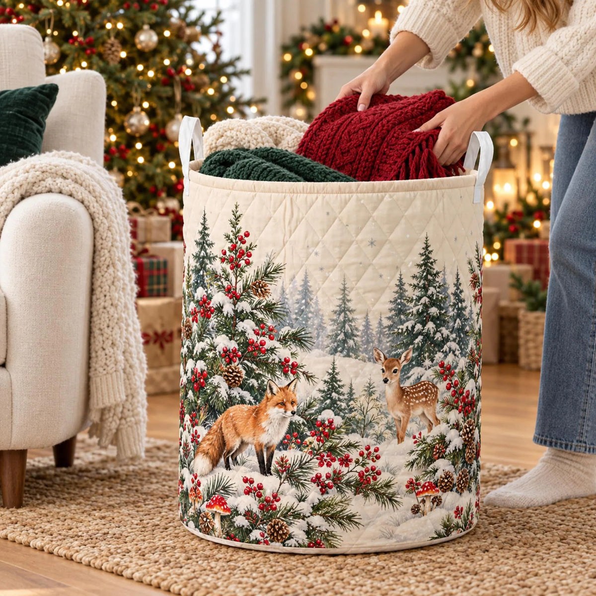 Fox Deer Christmas Laundry Basket, Laundry Storage Basket, Holiday Gift For Her