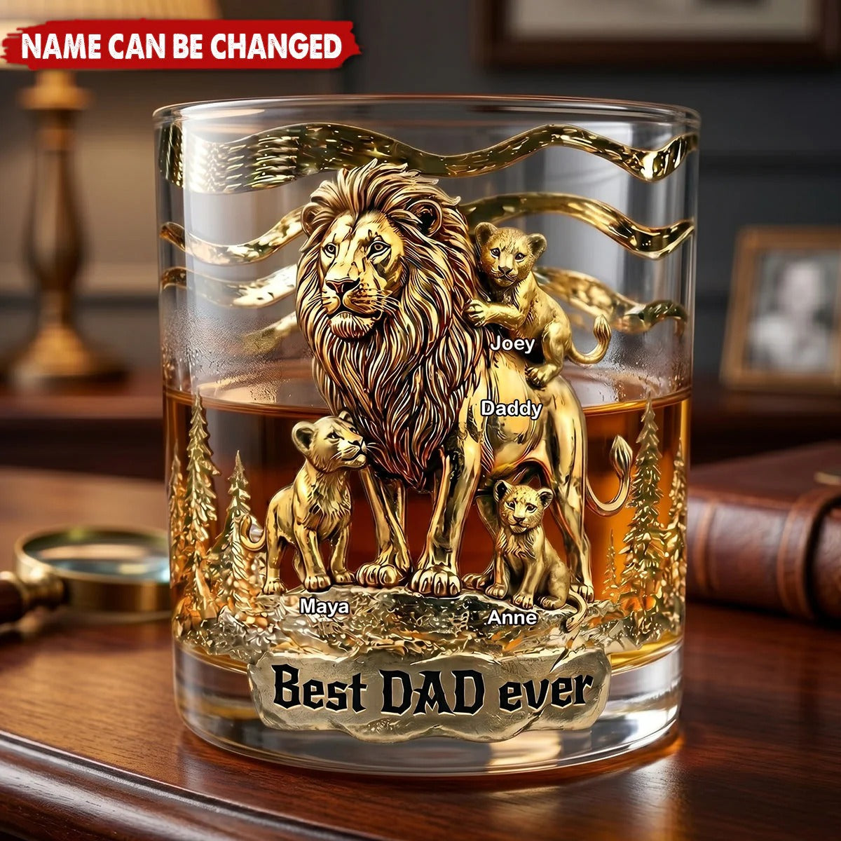 Lion Dad And Kids Glass, Round Glass Gift for Dad with Kids Names, Father's Day Gift For Dad