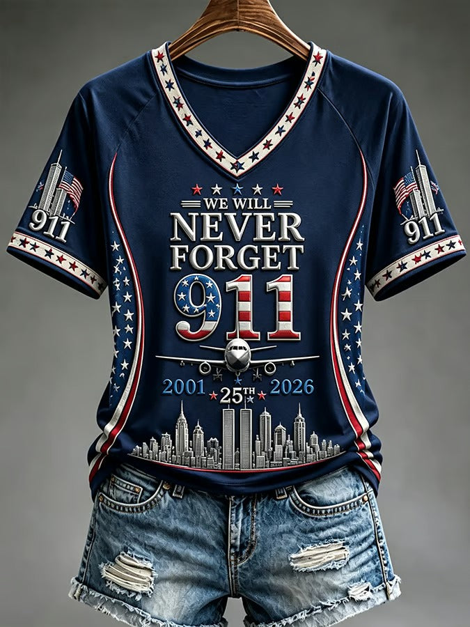 Retro We Will Never Forget Shirt, 9.11 25th Anniversary Shirt, 2001-2026 Patriot Day Memorial Womens V-neck Shirt
