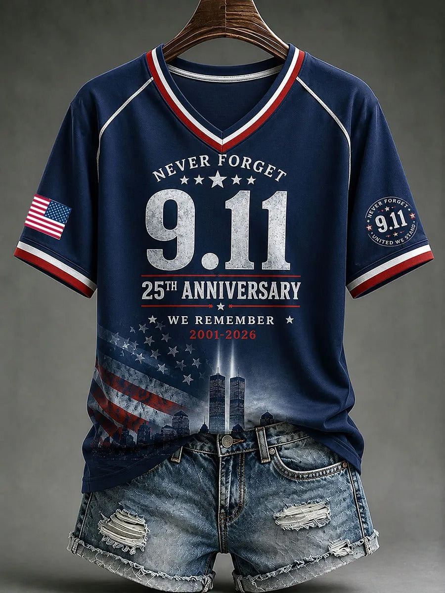 911 Never Forget Shirt, We Remember 25th Anniversary Shirt, Patriot Day Memorial Womens V-neck