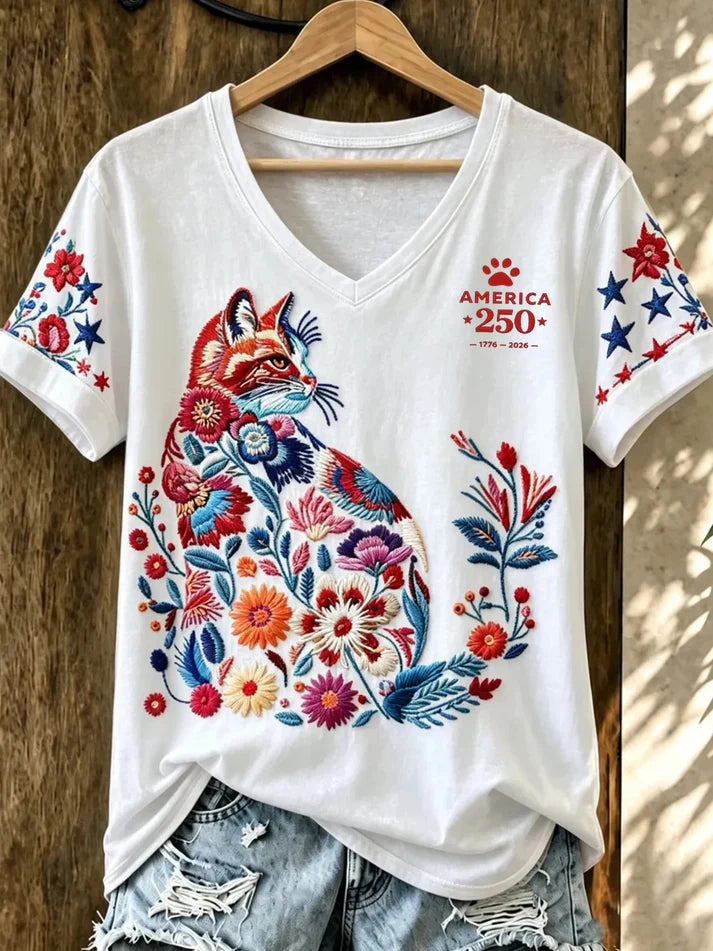 Cat Floral America 250th Anniversary T-Shirt, USA 250th Shirt, 4th Of July Shirt