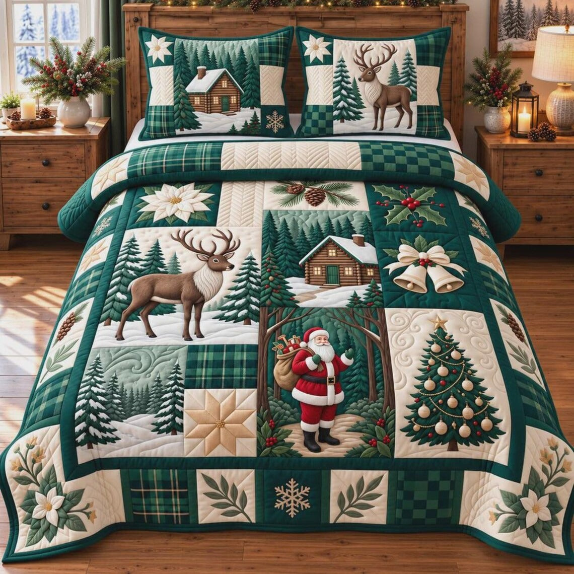 Reindeer Santa Christmas Quilted Bedding Set, Holiday Home Decor, Christmas Gift