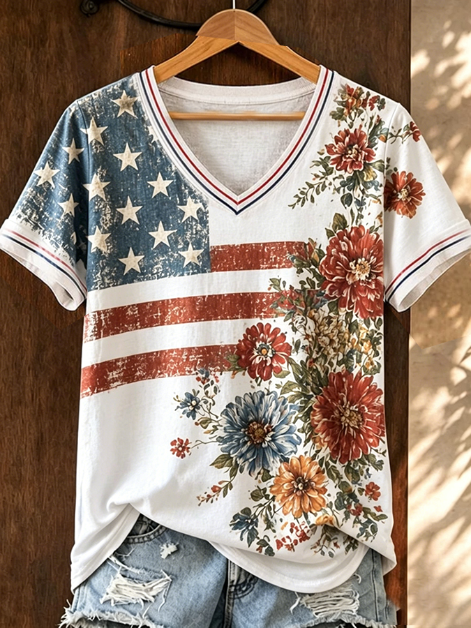 Vintage Floral Distressed American Flag V-Neck T-Shirt, Patriotic Shirt, 4th Of July Shirt