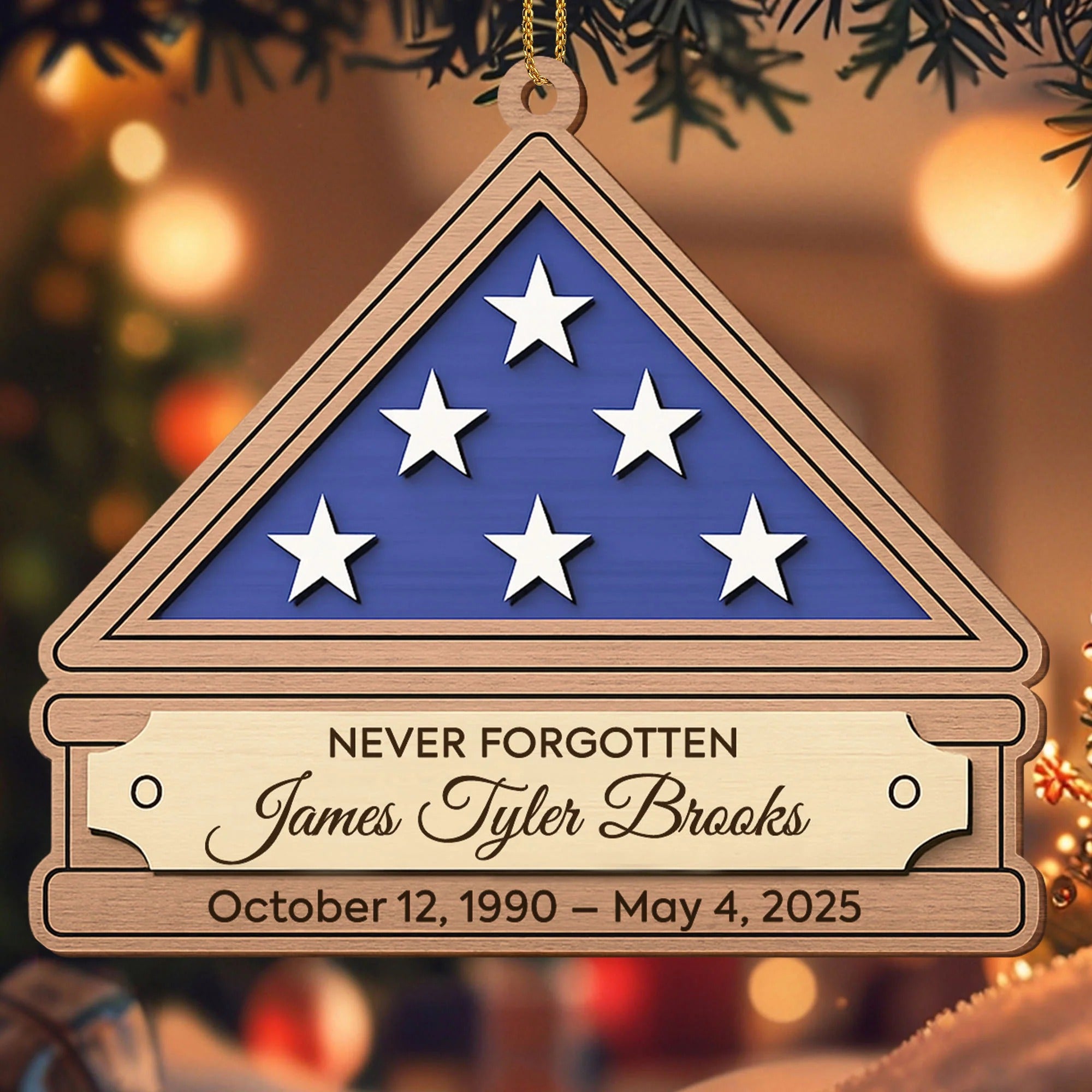 Never Forgotten Commemorative Ornament With Stars, Personalized Custom Wood Ornament, Gift For Military Families And Veterans
