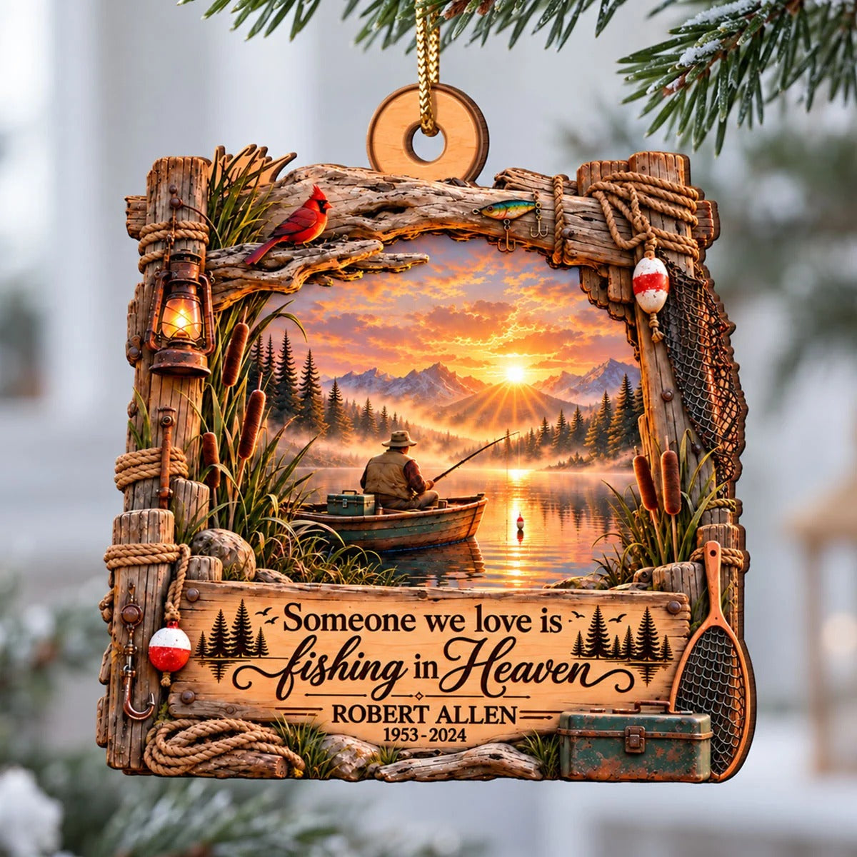 Custom Fishing In Heaven Wooden Ornament, Christmas Tree Decor, Memorial Gifts