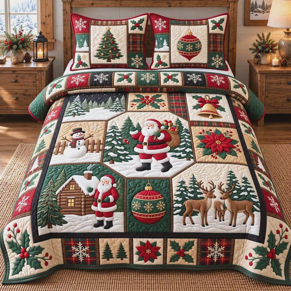 Santa Reindeer Patchwork Quilted Bedding Set, Christmas Bedding, Holiday Gift For Family