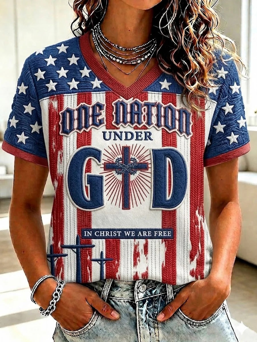 Women's Christian One Nation Under God In Christ We Are Free V-neck Shirt Women's Christian V-neck T-shirts