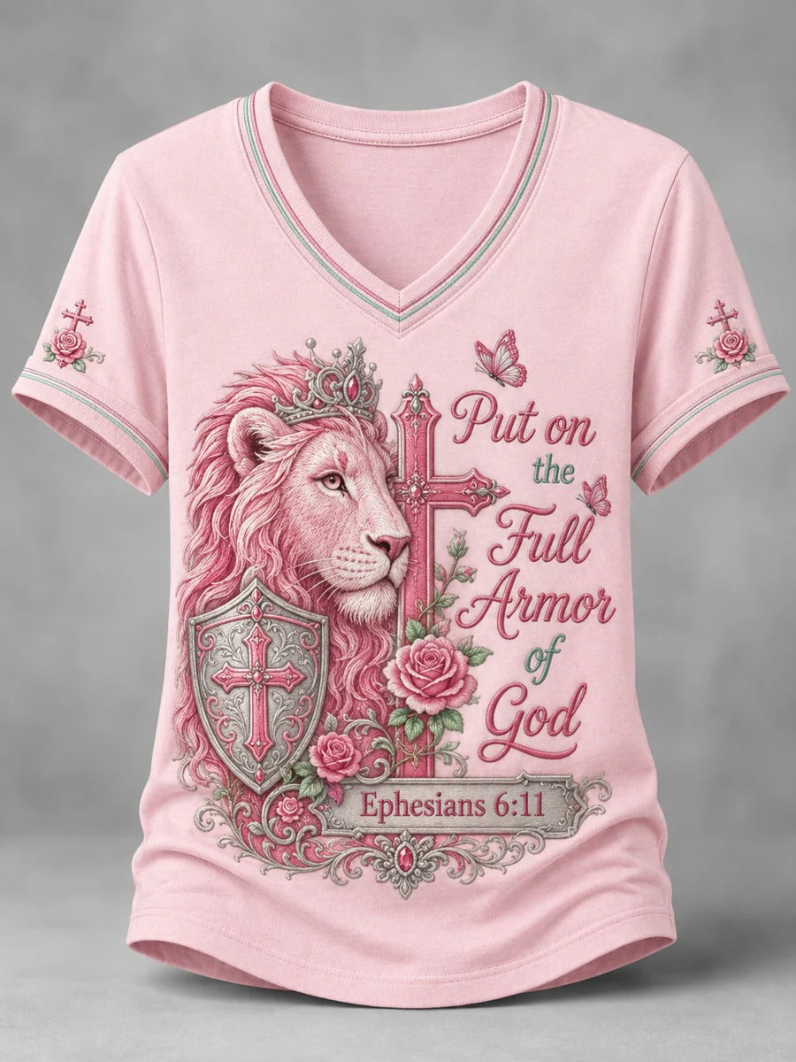 Women's Christian Put On The Full Armor Of God Print Casual V-Neck Tee Women Christian Shirt