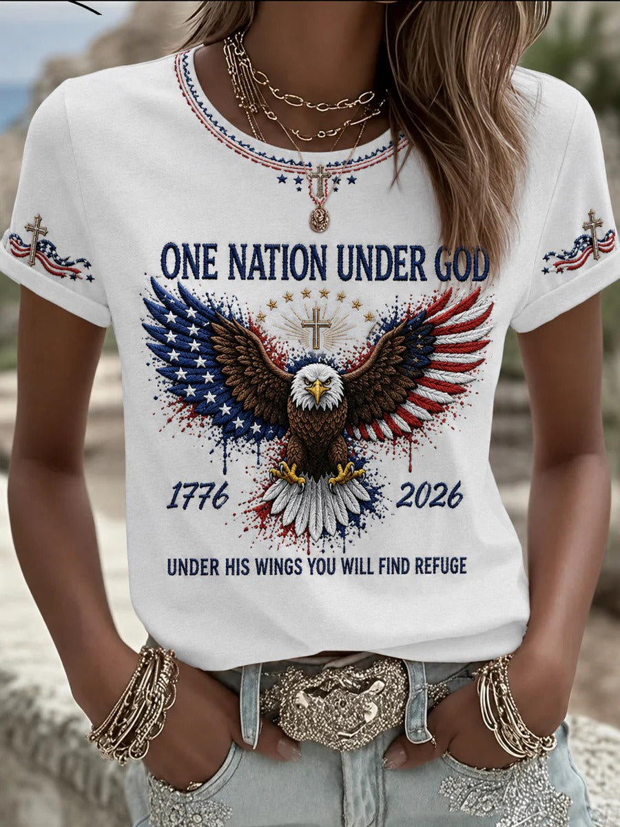 Women's Christian One Nation Under God Cross Under His Wings T-shirt Women's Christian V-neck T-shirts
