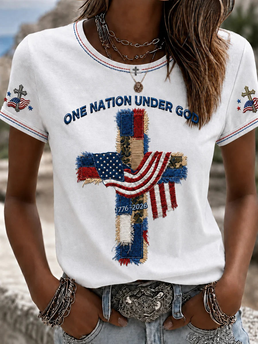 Women's Christian One Nation Under God Cross Short Sleeve T-shirt Women's Christian V-neck T-shirts