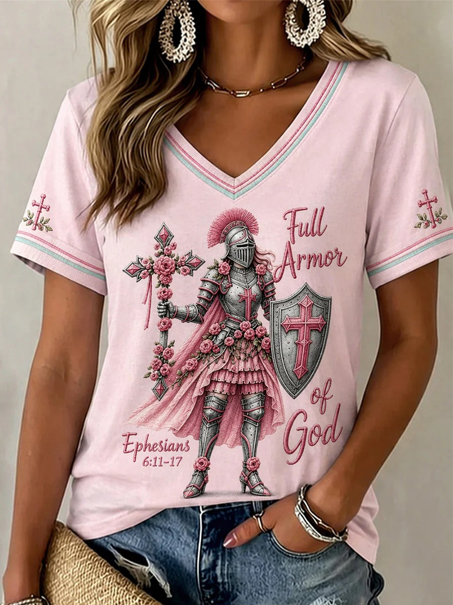 Women's Christian Full Armor Of God Print Casual V-Neck Tee Women Christian Shirt