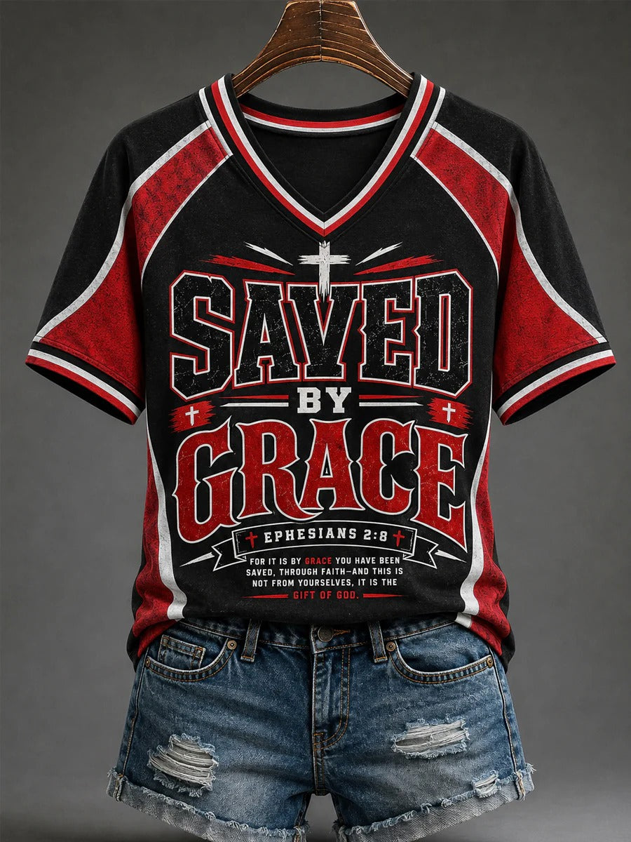 Women's Saved By Grace Print Casual V-neck Tee Women Christian Shirt