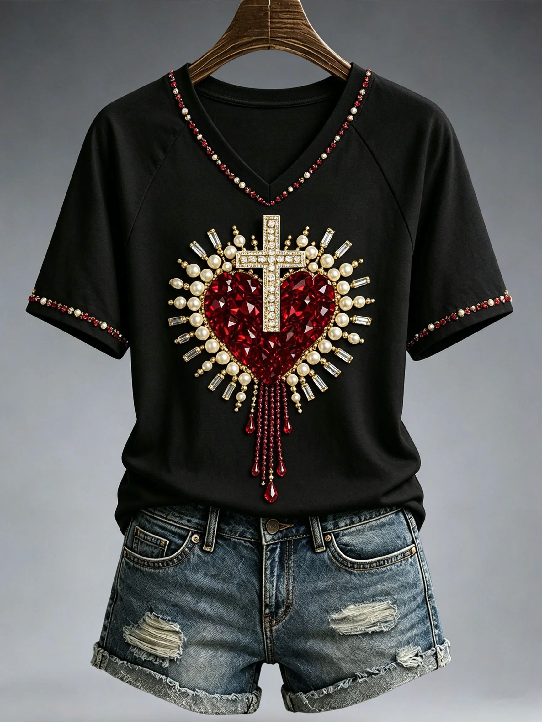 Christian Cross Bead Ruby Heart Women's Christian V-neck T-shirts