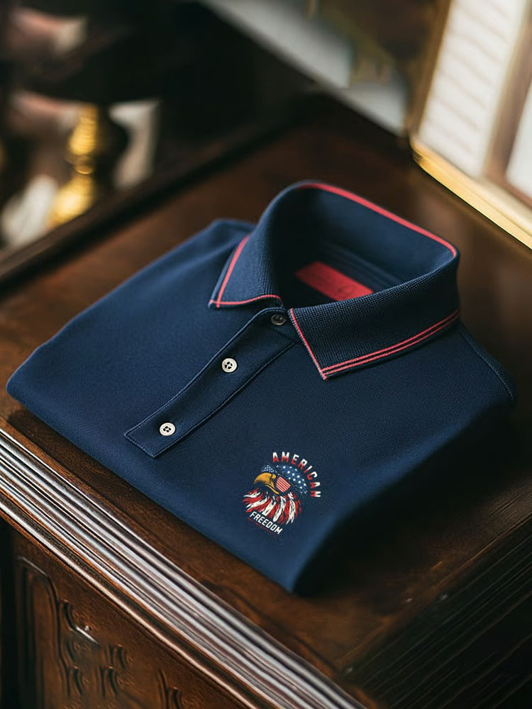 American Flag Pattern Eagle Freedom Men's Navy Polo, 250th Anniversary 4th Of July Polo Shirts For Men
