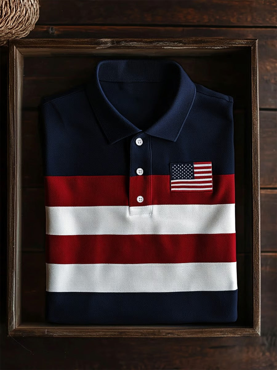 Red White Blue Vertical Stripes American Flag Polo, 250th Anniversary 4th Of July Polo Shirts For Men