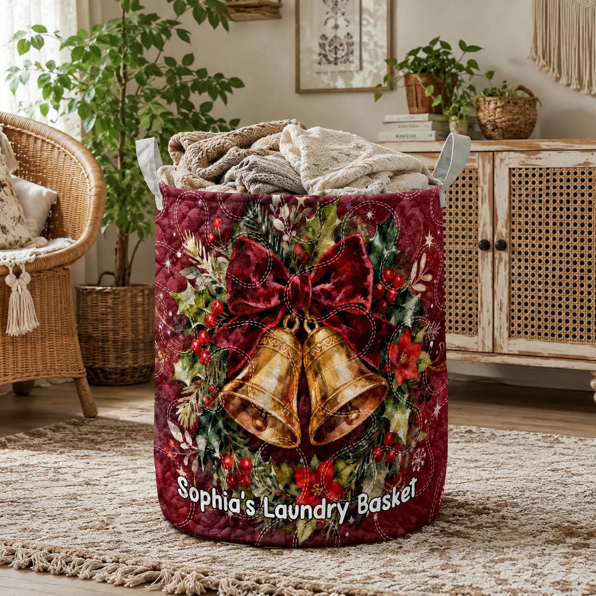 Custom Name Christmas Bells Laundry Basket, Clothes Hamper, Gift For Mom