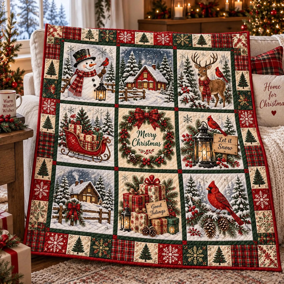 Merry Christmas Patchwork Quilt Blanket, Christmas Gift For Mom, Home Decor