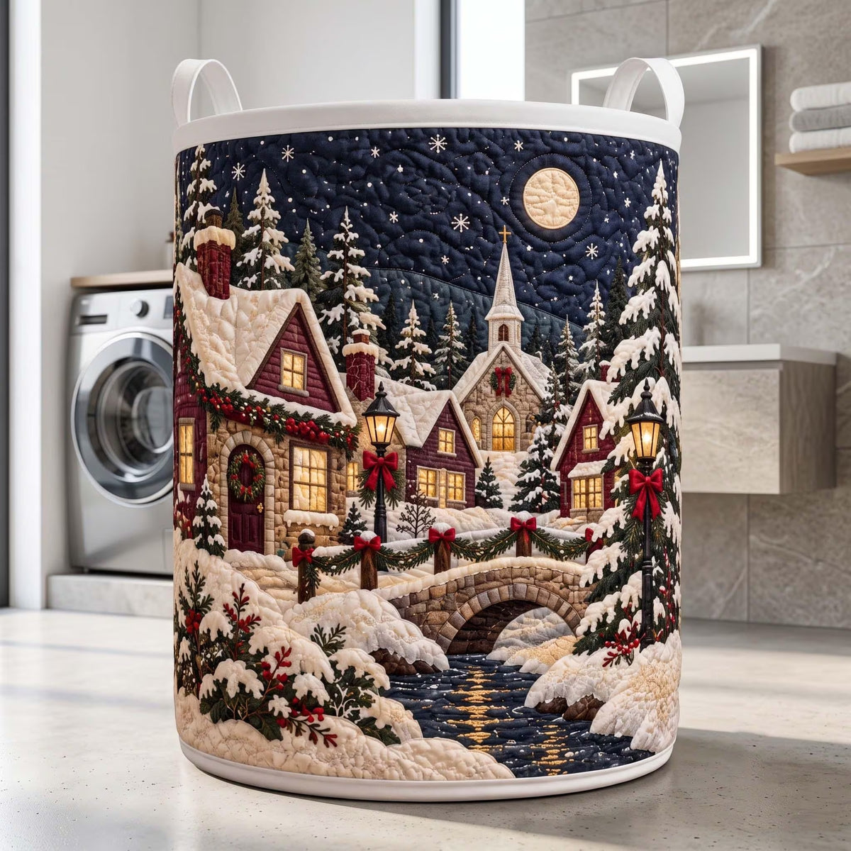 Snowy Christmas Village Laundry Basket, Clothes Hamper, Christmas Gift For Mom