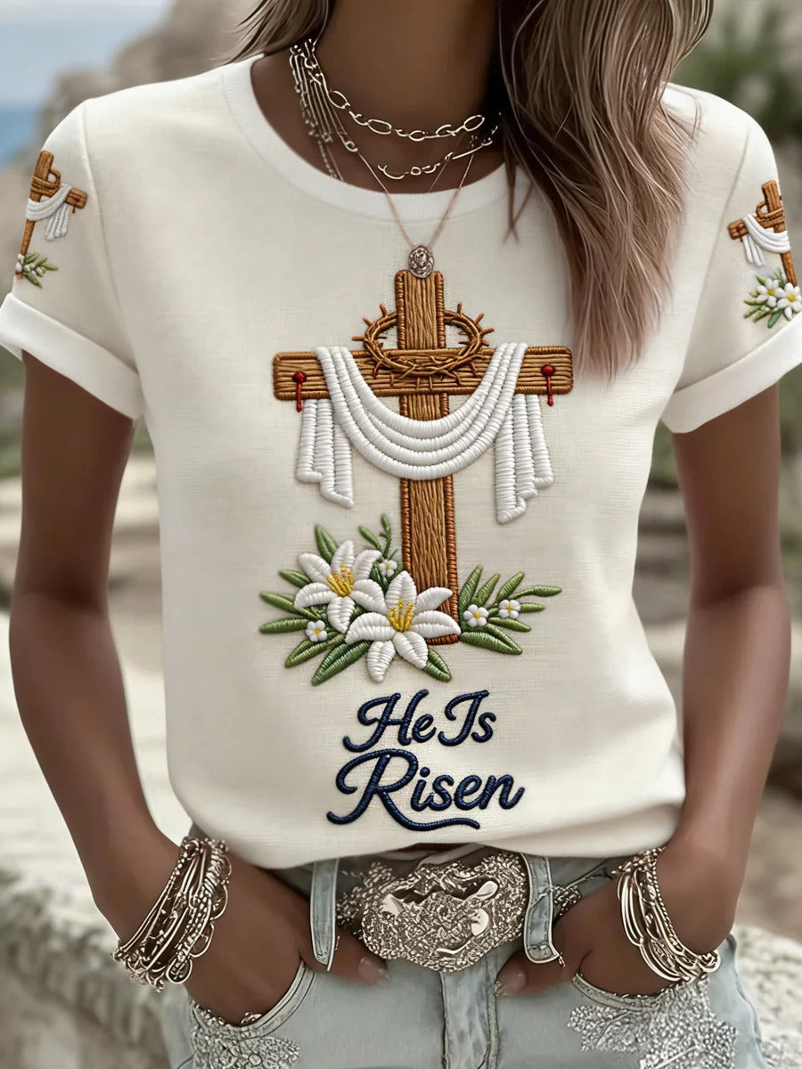He Is Risen Jesus Christian Cross Print Tee Women Christian Shirt