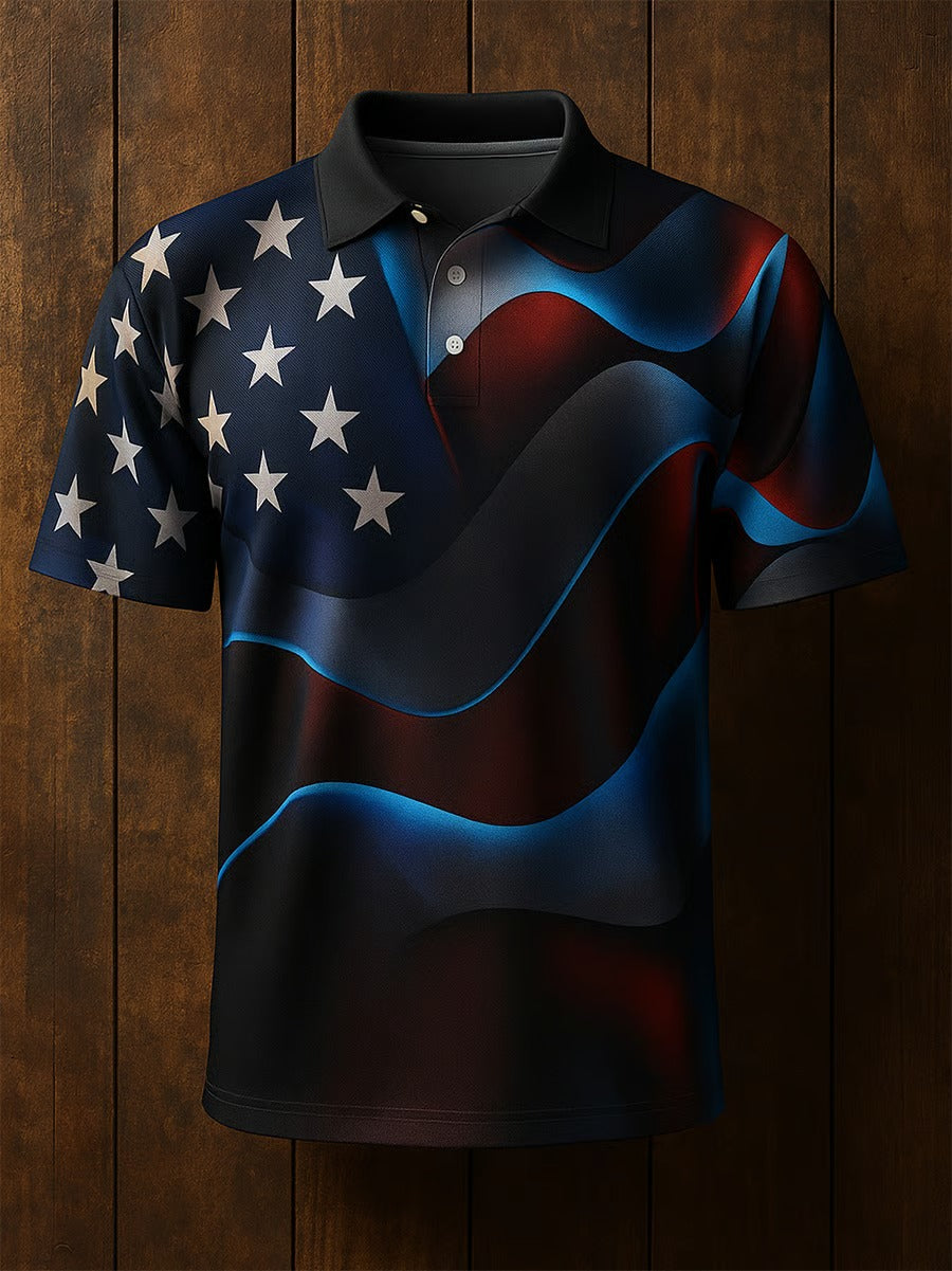 American Flag Pattern Men's Navy Polo, 250th Anniversary Cool 4th Of July Shirt