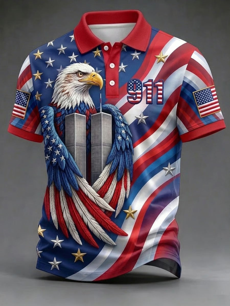 911 Never Forget America Eagle Polo, 25th Anniversary Patriot Shirt, Memorial Men's Polo Shirt