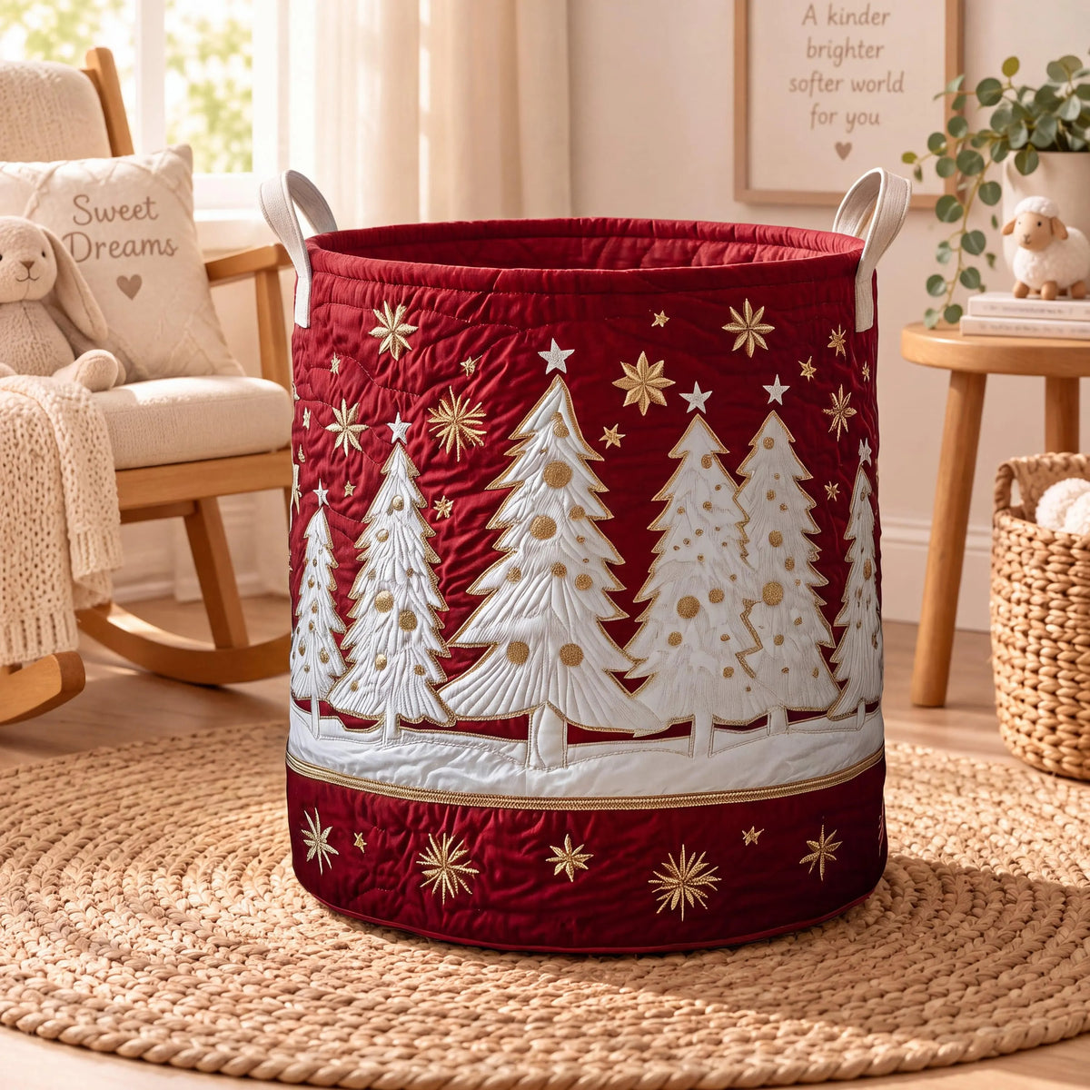 Red Christmas Trees Gold Stars Laundry Basket, Clothes Hamper, Christmas Gift For Mom